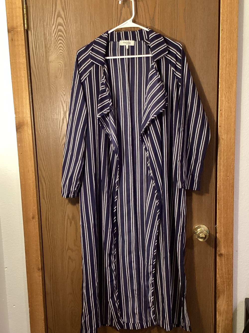 Charlotte Russe Navy and White Striped Longline Open-Front Jacket